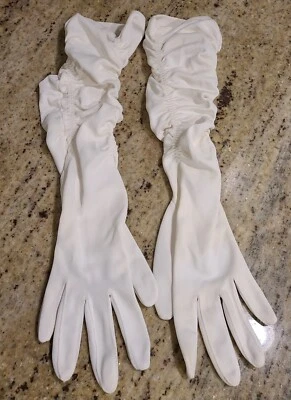 Vintage Size M/L White Stretch Formal 15" Long Gloves Double Scrunch Arm - Image 1 of 4