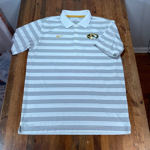 Missouri Tigers Polo Shirt Mens Large White Striped Nike DriFIT Golf Rugby Cover