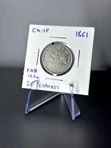 1861 Chile 20 Centavos Silver Coin Km#125a - Picture 1 of 2