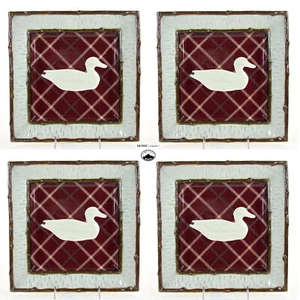 Home Studio LAKE CABIN - DUCK 11" Square Dinner Plate Set 4 Red Plaid Birch Bark - Picture 1 of 12