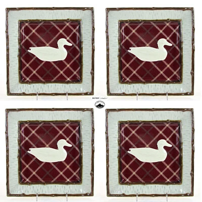Home Studio LAKE CABIN - DUCK 11" Square Dinner Plate Set 4 Red Plaid Birch Bark - Image 1 of 4