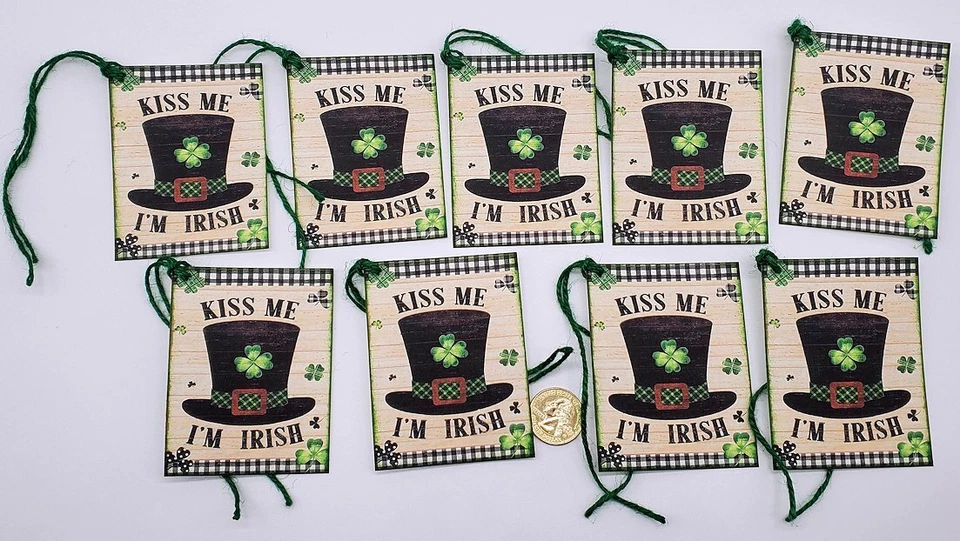 9~St Patrick's Day~Handmade~Farmhouse~Primitive~Linen Cardstock~Gift Tags - Image 1 of 1