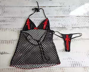 Vintage Dreamgirl Lingerie Taglia S Nero e Rosso Tazza Aperta Set Chemise a Rete - Foto 1 di 9