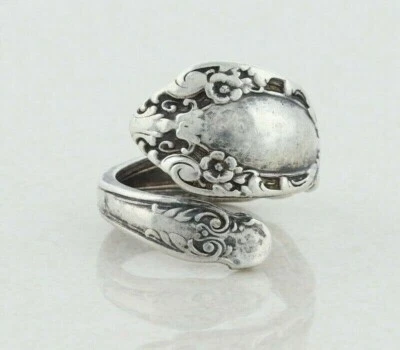 Sterling Silver Flower Spoon Ring size 7 1/4  Prince Eugene Pattern Bypass Ring - Image 1 of 4
