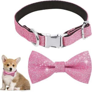 WLLHYF Dog Collar Pink Bling & Bowtie XS Fits 8-12" Neck NEW Bow Tie Sparkle - Picture 1 of 7