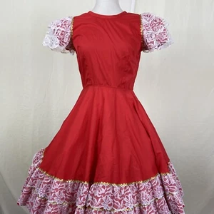 Square Dance DRESS Red w/ White Lace Gold Ric Rat Pete Bellina Vintage Sz 8 - Picture 1 of 12