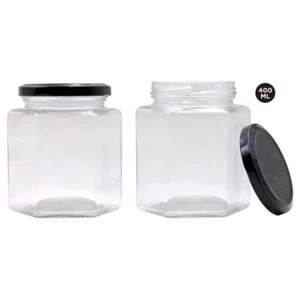 12x Hexagon Glass Jar 400ML Jars Food Storage Bottle Bonbonniere Lolly Jam Honey - Picture 1 of 1