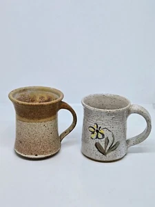 Vintage Handmade Rustic Stoneware Pottery Mugs Pair Drip Glaze Speckled Floral - Picture 1 of 15
