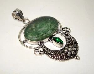 AB grüner Moosachat Chromdiopsid .925 Silber geschichtet Anhänger Halskette 2,75" - Bild 1 von 4