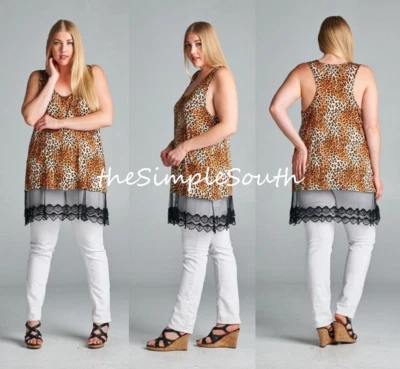 Nueva camiseta sin mangas EMERALD estampado de leopardo larga negra con dobladillo de encaje tejido espalda deportiva 3X Foto 1 de 4