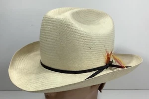 Cappello vintage Stetson paglia cowboy western Monticello Panama piume taglia 7-1/4 - Foto 1 di 14