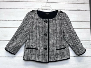 Talbots Black & White Tweed Jacket Blazer 3/4 Sleeve Black Trim Pockets Size 8P - Picture 1 of 7