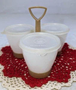 Tupperware  3 pc Condiment Containers Lids Serving Caddy Tan 757-2 Vtg 7 Pcs 733 - Picture 1 of 20