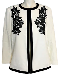 NWT Kasper White with Black Trim and Lace Open Blazer Lined Size 16 - Picture 1 of 5