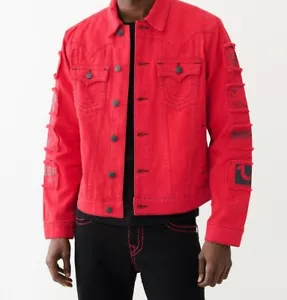 NUEVA CHAQUETA VAQUERA PARA HOMBRE GRANDE ROJA VERDADERA RELIGIÓN JIMMY PARCHE DESHILACHADO AUTÉNTICA - Imagen 1 de 3