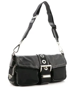 Prada $1,899 Authentic Tessuto Belt Buckle Flap Bag Leather Nylon Chrome Details - Picture 1 of 7