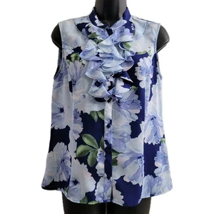 Blusa Tahari NUEVA CON ETIQUETAS Azul Marino Floral Sin Mangas Volantes Cuello Alto Talla Pequeña Trabajo Nupcial - Imagen 1 de 8