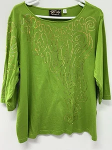 Bob Mackie Plus Size 1X Sequin Embellished 3/4 Sleeve Knit T-Shirt Top Green - Picture 1 of 8