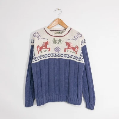 Suéter tejido de algodón LL Bean vintage para mujer XL caballo copo de nieve invierno envejecido Foto 1 de 4
