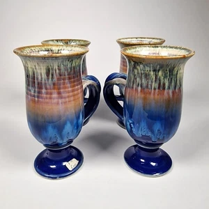 Four Vintage Ross Studio Art Pottery Blue Drip Glaze Mugs Goblet Style - Picture 1 of 6