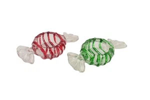 2er SET TEELICHTERHALTER GLAS WEIHNACHTEN ROT & GRÜN PFEFFERMINZ BONBONS - Bild 1 von 11