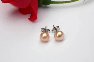 7mm rosa auténtico PERLA DE AGUA DULCE JOYA PENDIENTES botón Plata 925 - Imagen 1 de 1