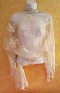 Ivory 2 pc Faux Pearl Beaded Lace Silver Trim Shrug Wrap/Sash Belt Bridal Party - Picture 1 of 12