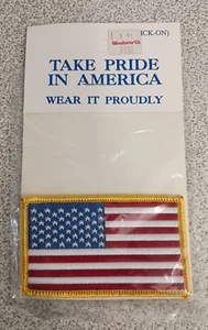AMERICAN FLAG EMBROIDERED PATCH IRON-ON SEW-ON GOLD BORDER VINTAGE USA (3½ x 2”) - Picture 1 of 7