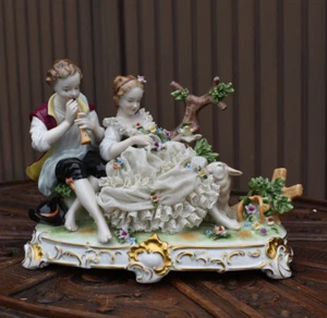 German Unterweissbach marked lace porcelain statue romantic couple bird sheep - Picture 1 of 12