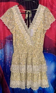 VTG American Eagle Yellow Floral Cotton Linen Dress Y2K Sundress Size Small - Picture 1 of 12
