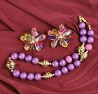 Cluster Earring Necklace Set Pastel Tulip Acrylic Clip with Gold Purple Beaded
