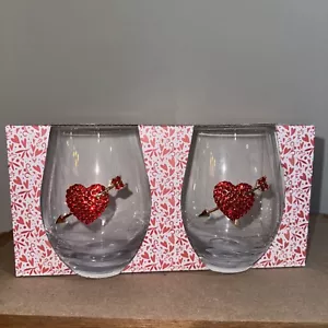 Valentines Day Jeweled HEARTS Stemless Wine Glasses Set of 2 Red & Gold - Picture 1 of 3
