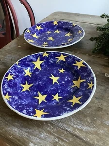 Set of 2 Churchill England Pier 1 Yellow Stars on Blue 8” Dessert Salad Plates - Picture 1 of 2