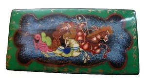 Vintage Russian Black Laquer Trinket Pill Box Sleigh Horses 3" - Foto 1 di 4