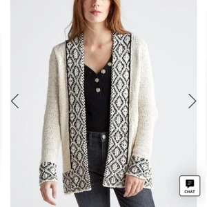 Lucky Brand Novelty Stitch Cardigan Small Cream Black Cable Knit Open Sweater - Picture 1 of 10