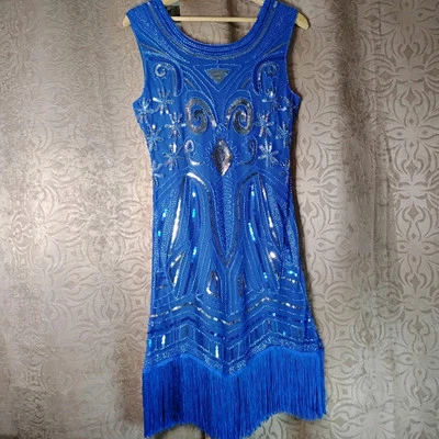 1920s Flapper Dress Gasby Costume Blue Sequin Beaded Halloween Fringe Sleeveless - Image 1 of 4
