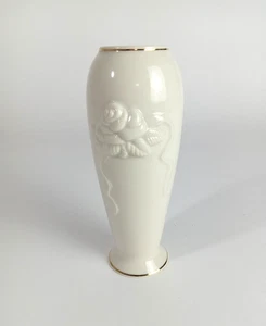 Vaso LENOX rosa con nastro bocciolo colore avorio porcellana con bordo oro 24 carati senza scatola - Foto 1 di 8