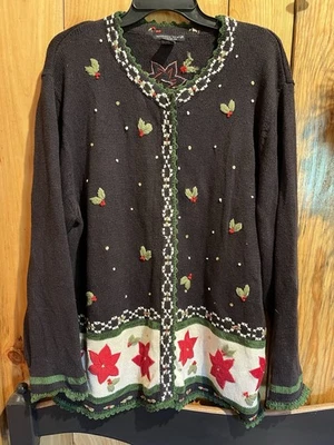 Винтажный зимний рождественский кардиган на кнопках Reference Point пуансеттия размер 2XL - Изображение 1 из 4