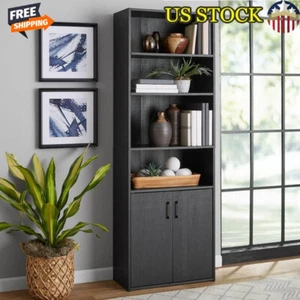 5 Shelf Bookcase W/ Doors Adjustable Shelving Storage Display Open Black Finish - Picture 1 of 2