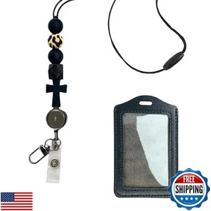 Cordino Insegnante in Legno Carino con Perline con Porta ID Distintivo Staccabile Retrattile L - Foto 1 di 5