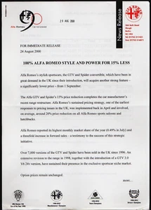 Alfa Romeo GTV & Spider Price Reductions 2000 UK Market Press Release - Picture 1 of 1