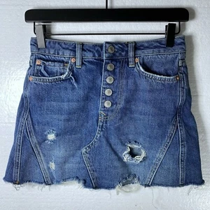 We The Free Women's Size 25 Denim Ripped Distressed Mini Skirt Button Front Blue - Picture 1 of 11