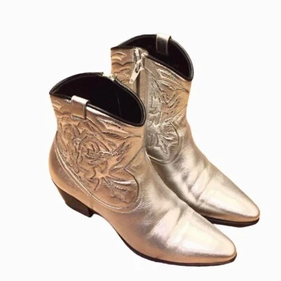 Botas cortas occidentales YSL Saint Laurent para mujer talla 37,5 US7,5 cuero plateado Foto 1 de 4