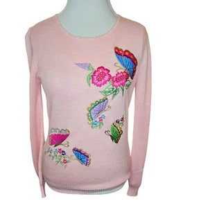 Vibtage 70s Womens Medium Sweater Pink Embroidered Butterflies Flowers - Picture 1 of 9