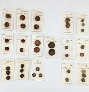 🌟NOS~Vtg~37 Leather/Wood Buttons on Cards-Shank/Self-Shank~Streamline/LaMode - Picture 1 of 5