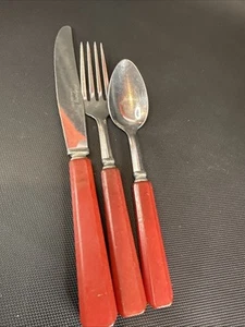 Juego de cuchillos cuchara tenedor forja Allegheny ajuste lugar mango baquelita roja - Imagen 1 de 7