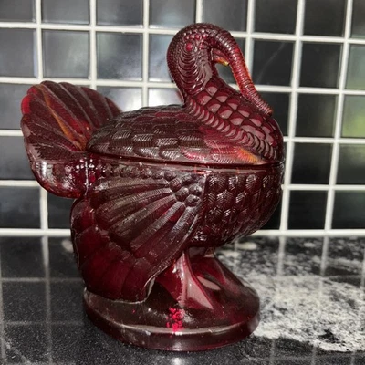Vintage MCM LE Smith Ruby Red Amberina Glass Turkey Candy Dish 7.5" x 6" - Image 1 of 4
