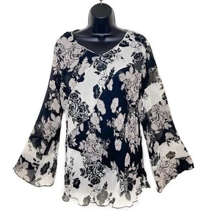 Vtg SPENSER JEREMY Women Silk Black White Floral Blouse Flare Sleeve Goth Y2K 1X - Picture 1 of 6