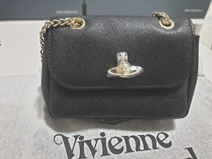 Vivienne Westwood Small Purse with Chain Bag Leather Black Mini Bag ORB Logo - Picture 1 of 5