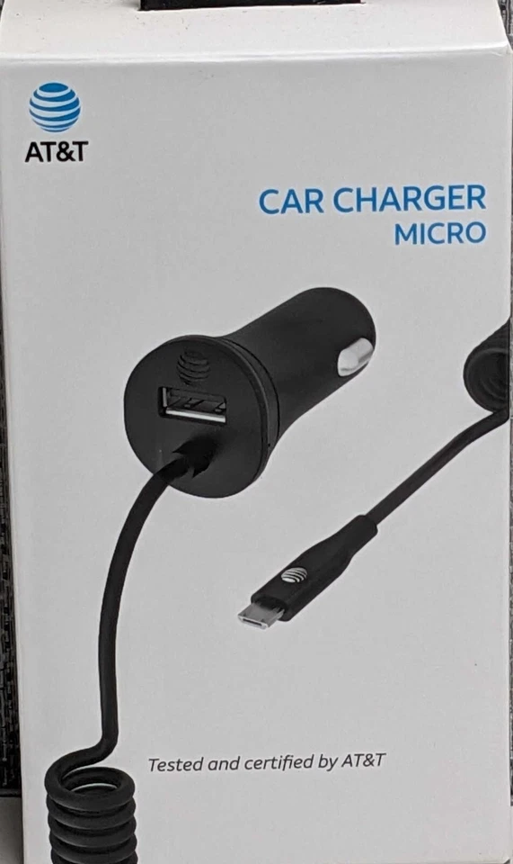 AT&T Micro USB Car Charger 7ft Black Coil 4.8 Amp Extra USB Port -